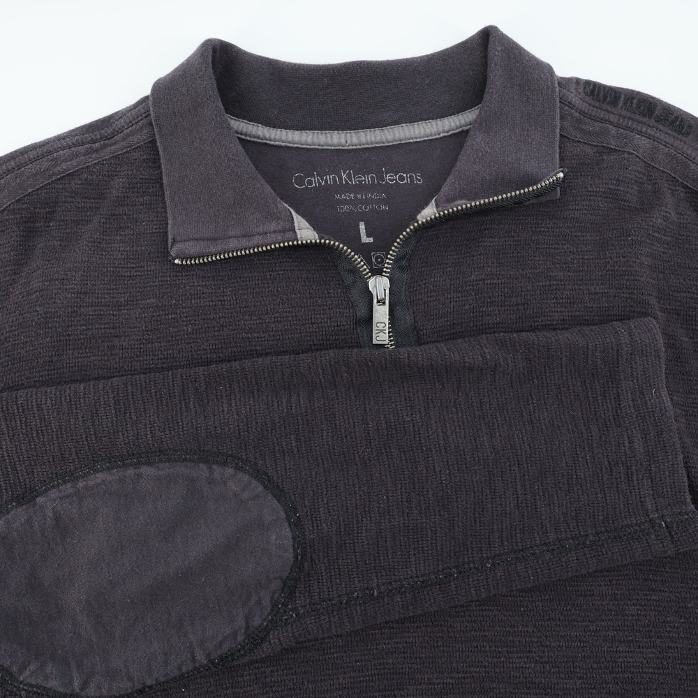 Calvin Klein Jeans Mens L Gray 1/4 Zip Long Sleeve Polo Shirt Elbow Pads - Flaws
